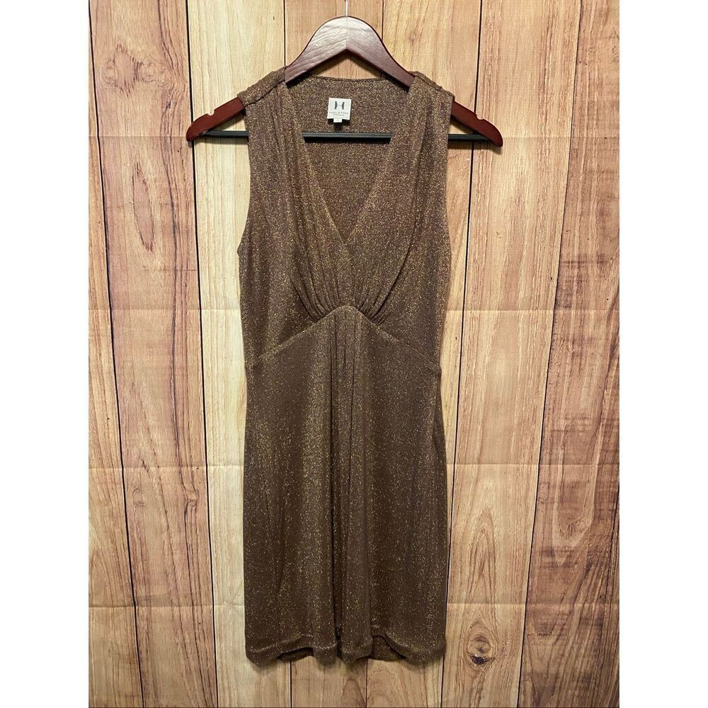 Halston Heritage size 2 brown gold glitter dress deep V simple